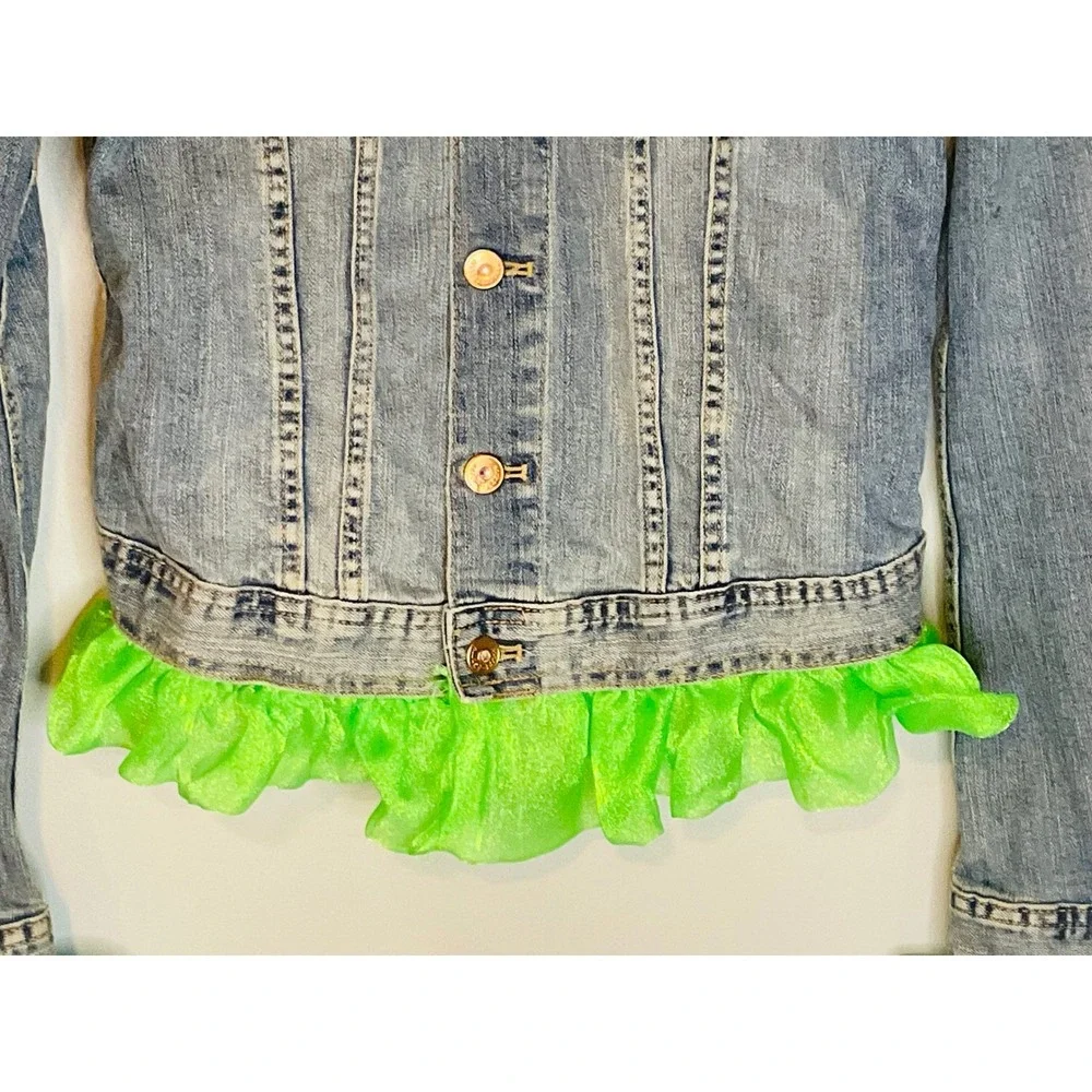 &NOW women's embellished Y2K pop star denim Jean jacket Upcycled sz 4 ruffle DIY